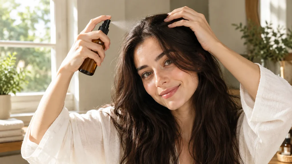 Landscape lifestyle photo showing a person spraying DIY rosemary water directly onto their scalp roots for hair growth.