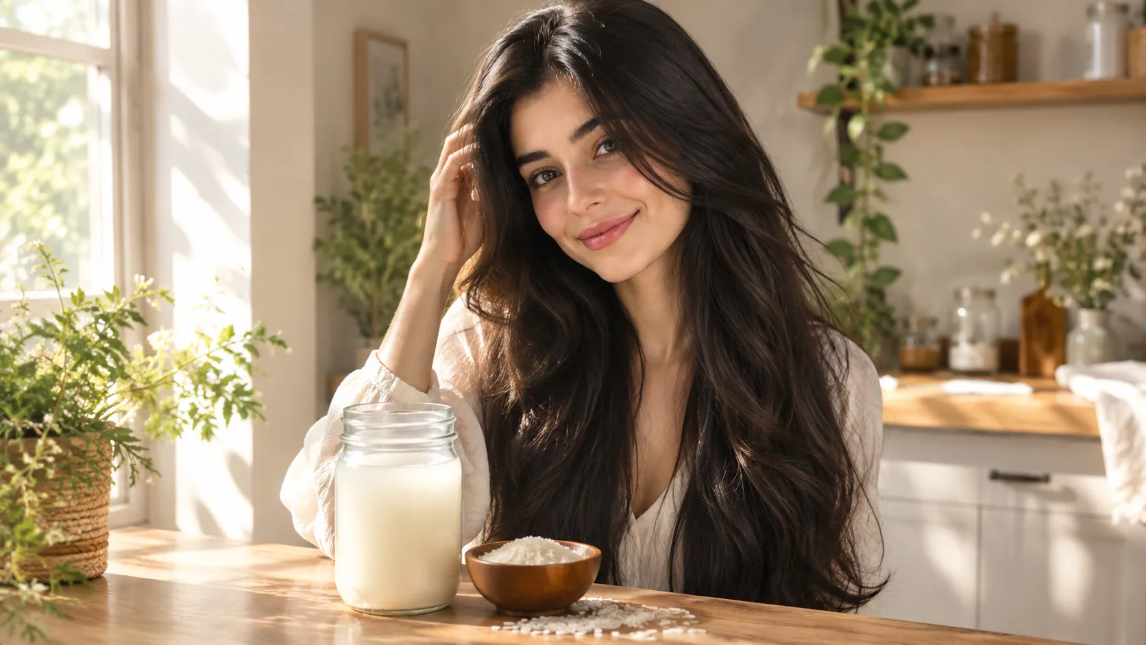 A woman with incredibly long, shiny dark hair standing next to a glass mason jar of fermented rice water, demonstrating the perfect DIY rice water recipe for extreme hair growth.