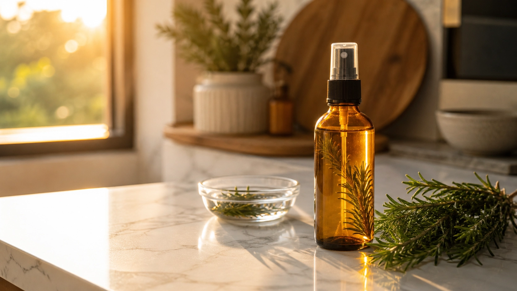 Professional landscape photo of an amber spray bottle with fresh rosemary sprigs on a white marble countertop for a hair care blog post.