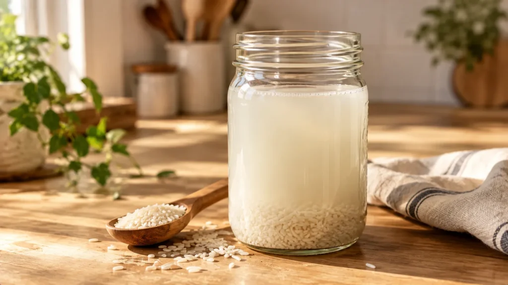 A close up of a glass mason jar filled with white rice and cloudy water for fermenting, sitting on a wooden kitchen counter to make a DIY hair growth treatment.