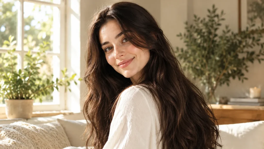 Professional landscape photo of a woman with long, glossy, and healthy hair representing the results of a natural rosemary hair care routine.