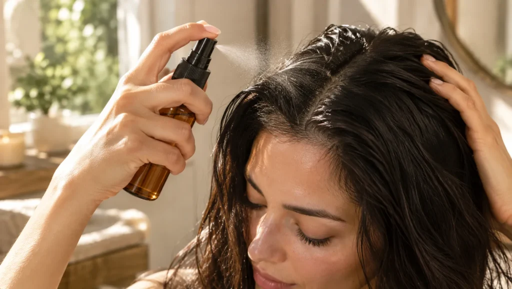 A close-up of a woman using a glass spray bottle to apply fermented rice water directly to her shiny, dark hair roots as part of a hair growth routine.