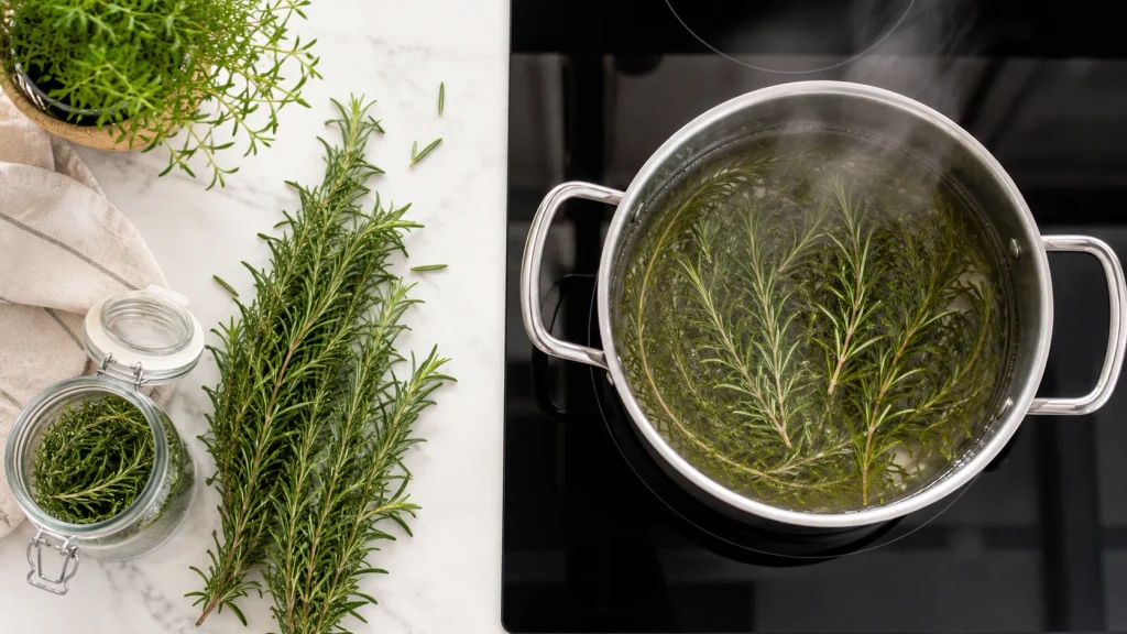 Step-by-step landscape photo showing fresh rosemary sprigs simmering in a pot on the stove to make hair growth water.