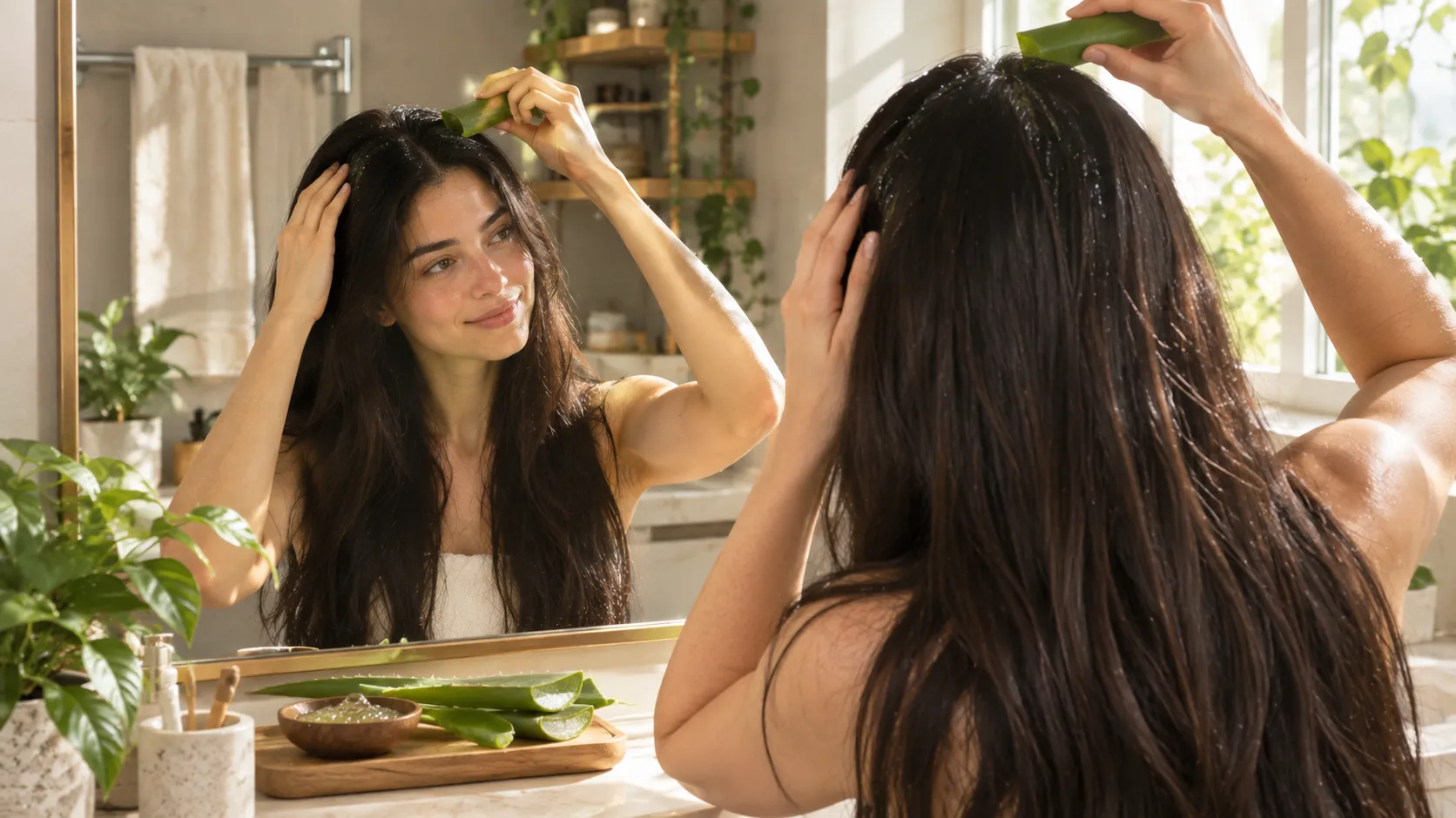 A woman with long, shiny dark hair holding a fresh aloe vera leaf in a bright modern bathroom, showcasing a natural DIY aloe vera routine for thick and healthy hair growth.