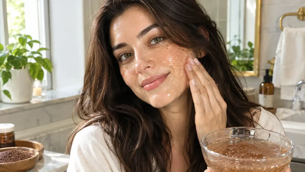 A beautiful young woman demonstrating how to gently apply a thick, clear DIY flaxseed face mask to her cheeks for deep hydration and a natural glass skin glow.