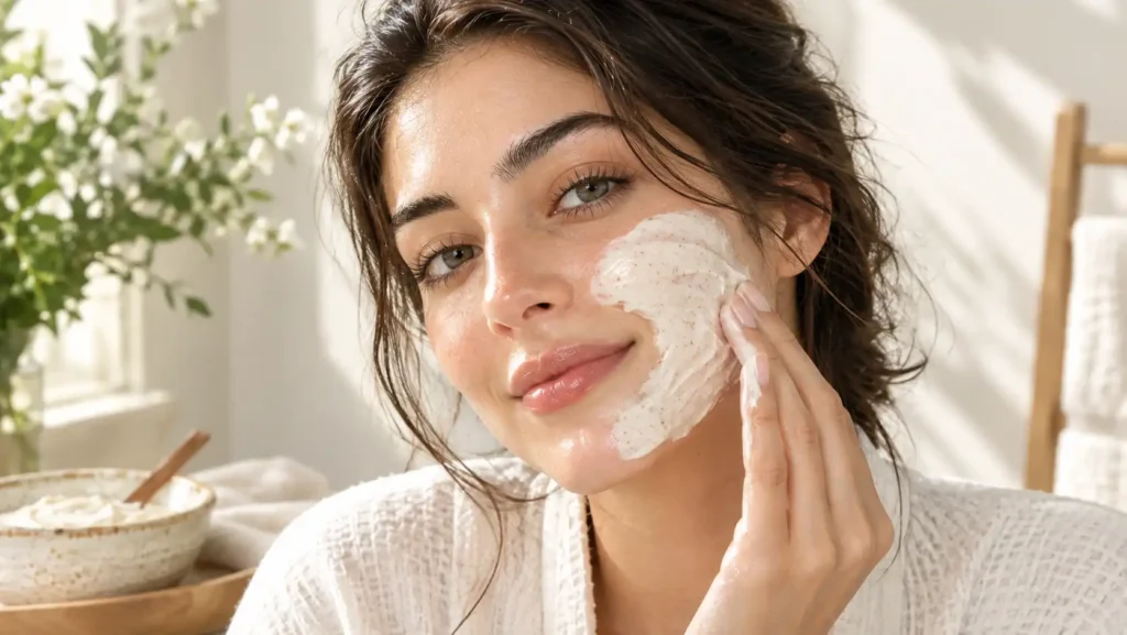A young woman gently applying a thin, even layer of a homemade DIY rice and oat face mask on her clean skin to naturally brighten dark spots.