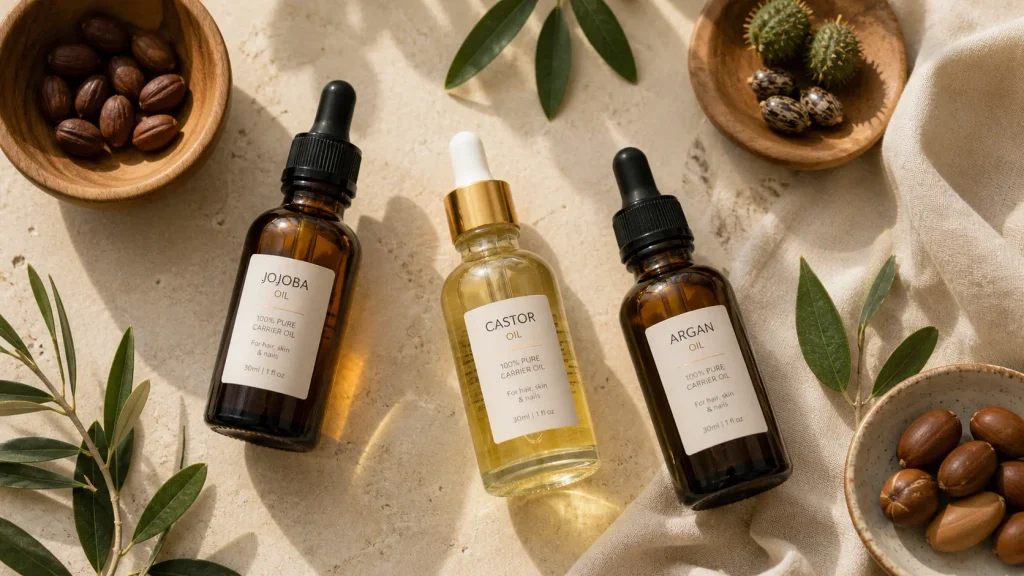 Assortment of natural cold pressed carrier oils including jojoba and castor oil for rosemary hair blend