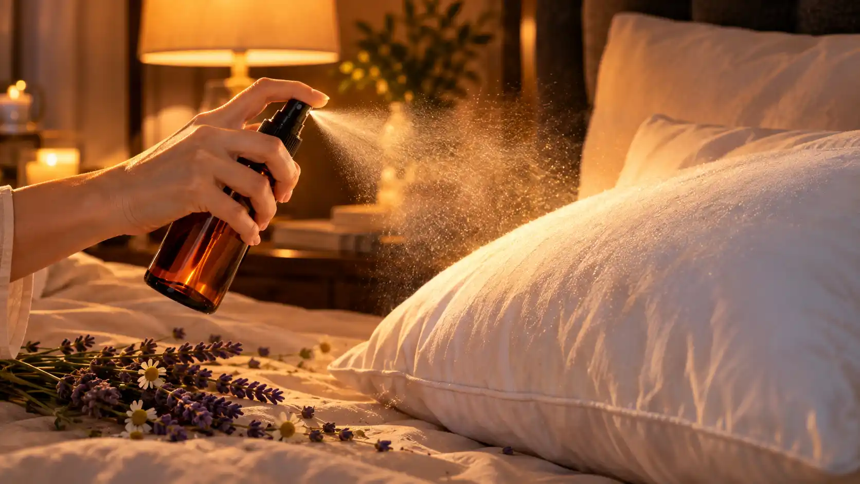 A glowing amber spray bottle misting a homemade DIY lavender and chamomile pillow mist over a plush white pillow in a cozy, relaxing bedroom to help with insomnia.