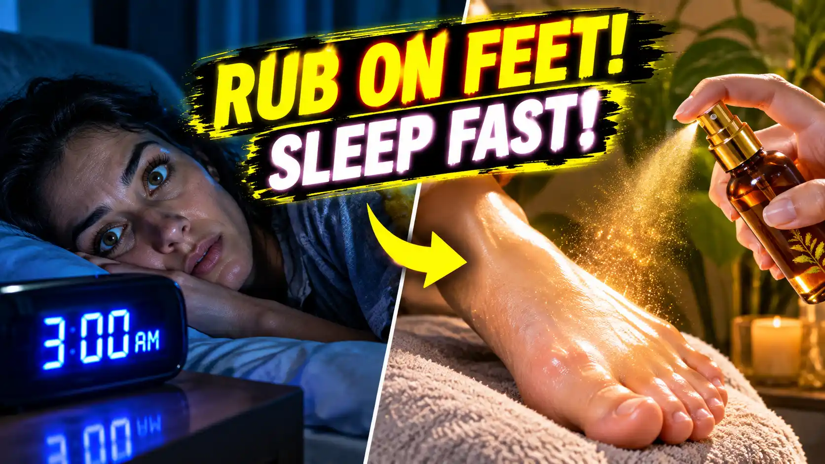 A split-screen showing a woman wide awake at 3 AM next to an amber glass bottle demonstrating how to apply a DIY magnesium oil spray for sleep on the bottom of the feet for instant relaxation.