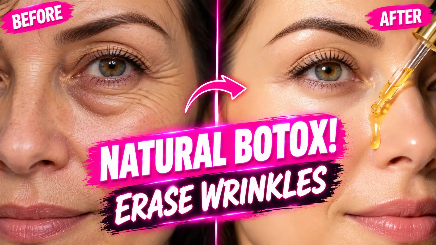 A dramatic before and after split-screen showing a woman erasing fine lines and under-eye bags by using castor oil and frankincense for face skincare.