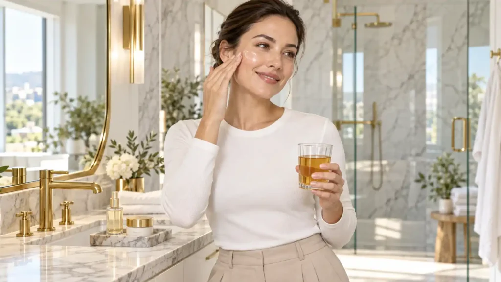A woman enjoying her daily morning glow ACV detox drink while completing her external skincare routine for flawless skin.