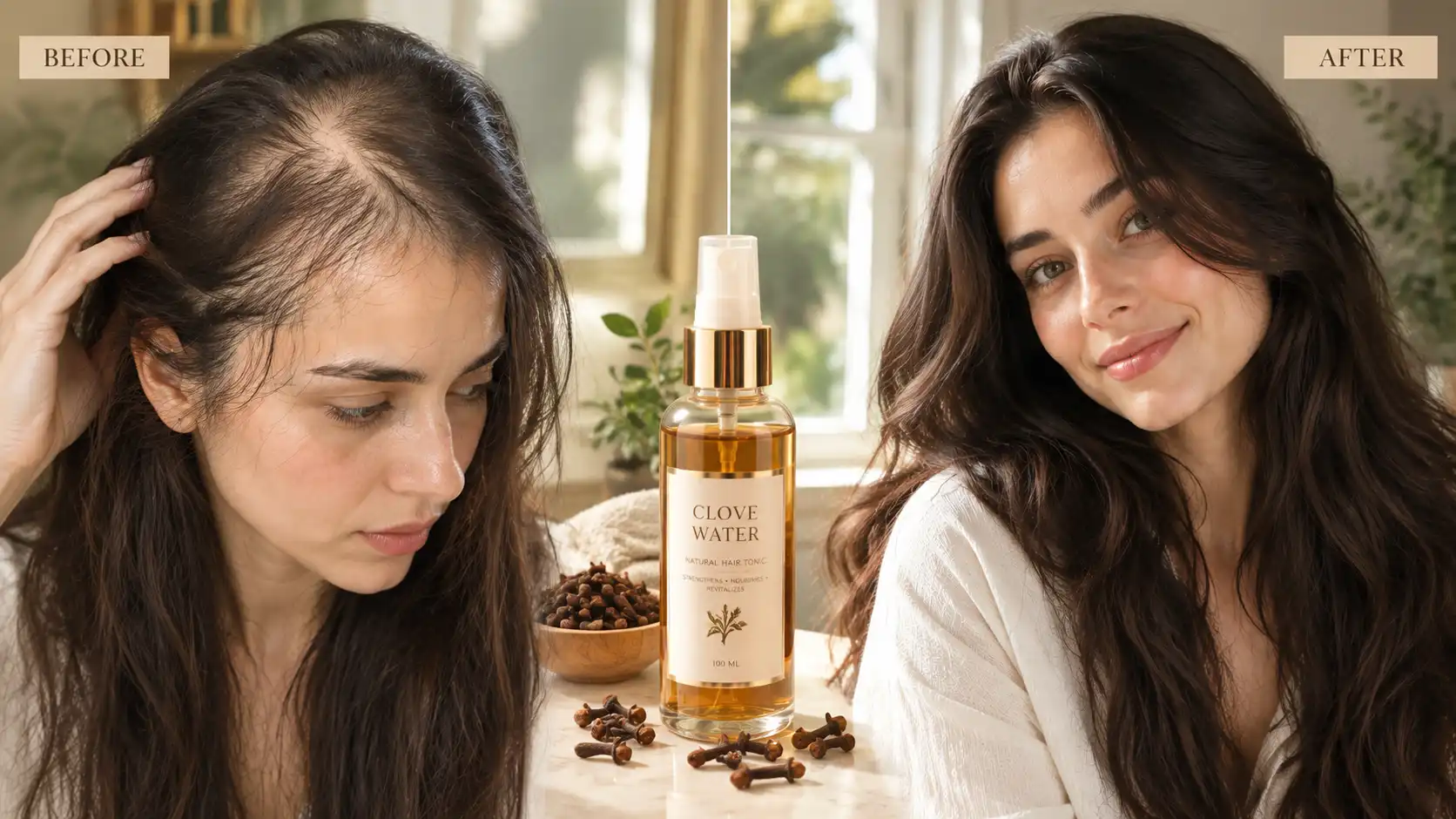 Before and after hair transformation showing extreme thickness after using the viral DIY clove water for hair growth spray.