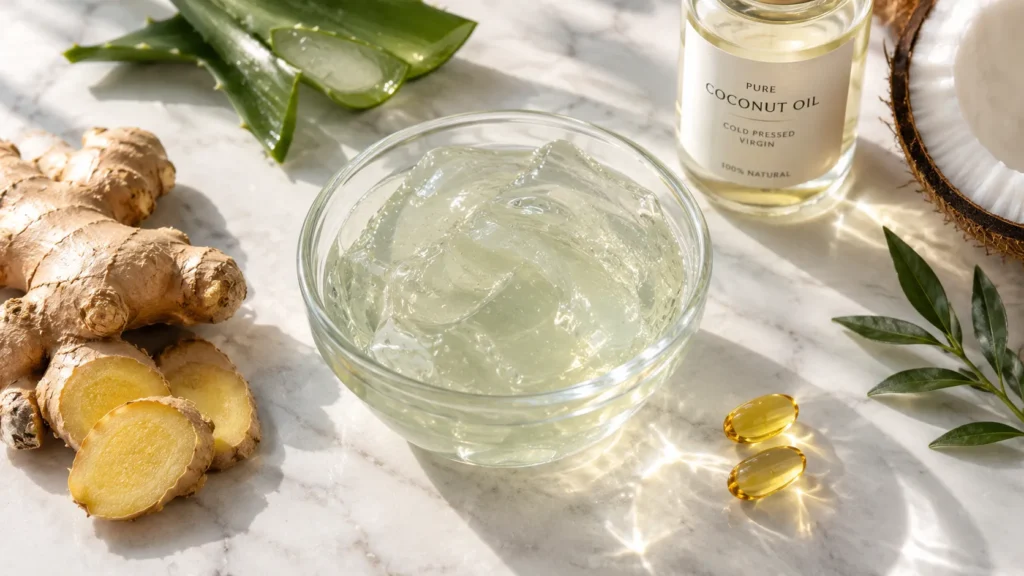 A flat lay of fresh aloe vera gel in a glass bowl alongside ginger root, vitamin E capsules, and coconut oil on a marble countertop for a DIY hair growth mask.