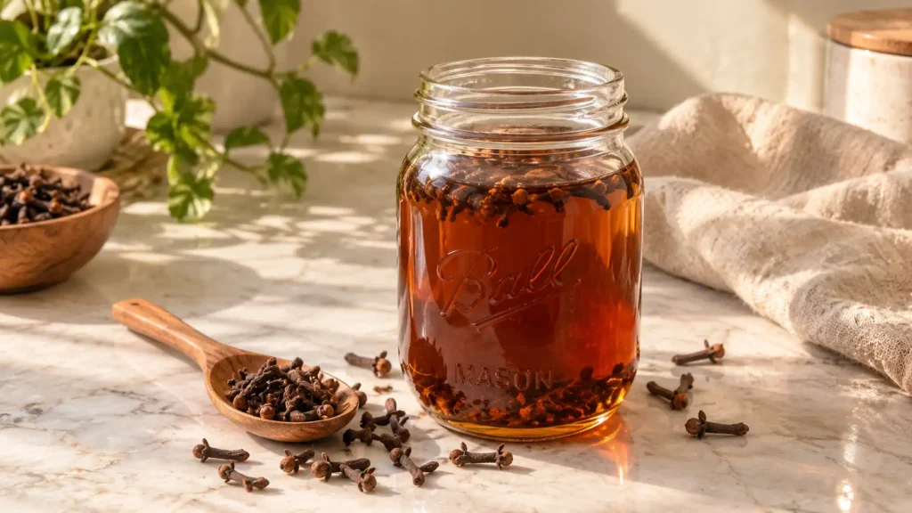 A glass jar filled with homemade clove water for hair growth, surrounded by organic whole cloves for a natural hair care routine.