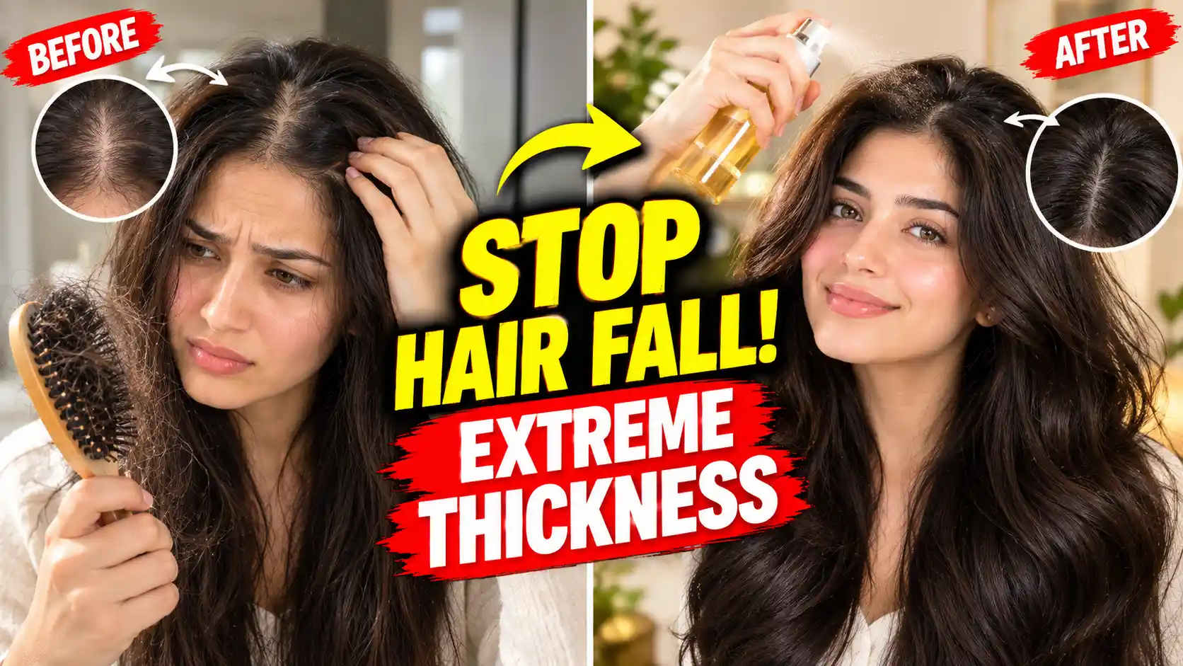 A dramatic before and after hair transformation showing a woman stopping hair fall and achieving extreme thickness and volume using natural fenugreek water for hair growth.