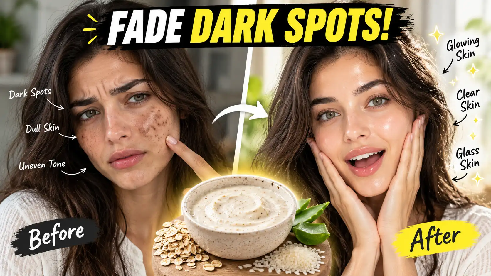 DIY rice and oat face mask before and after results, showing a shocking transformation of a woman pointing at dark spots and then revealing flawless glass skin.