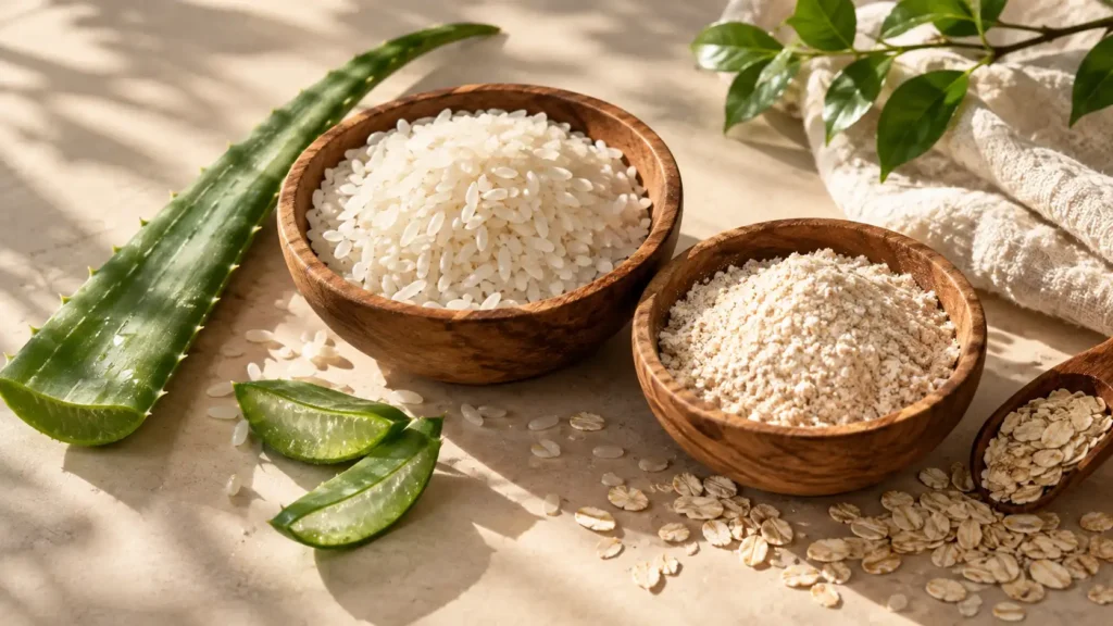 Raw white rice and finely ground oats displayed in wooden bowls to make a natural DIY rice and oat face mask for dark spots.