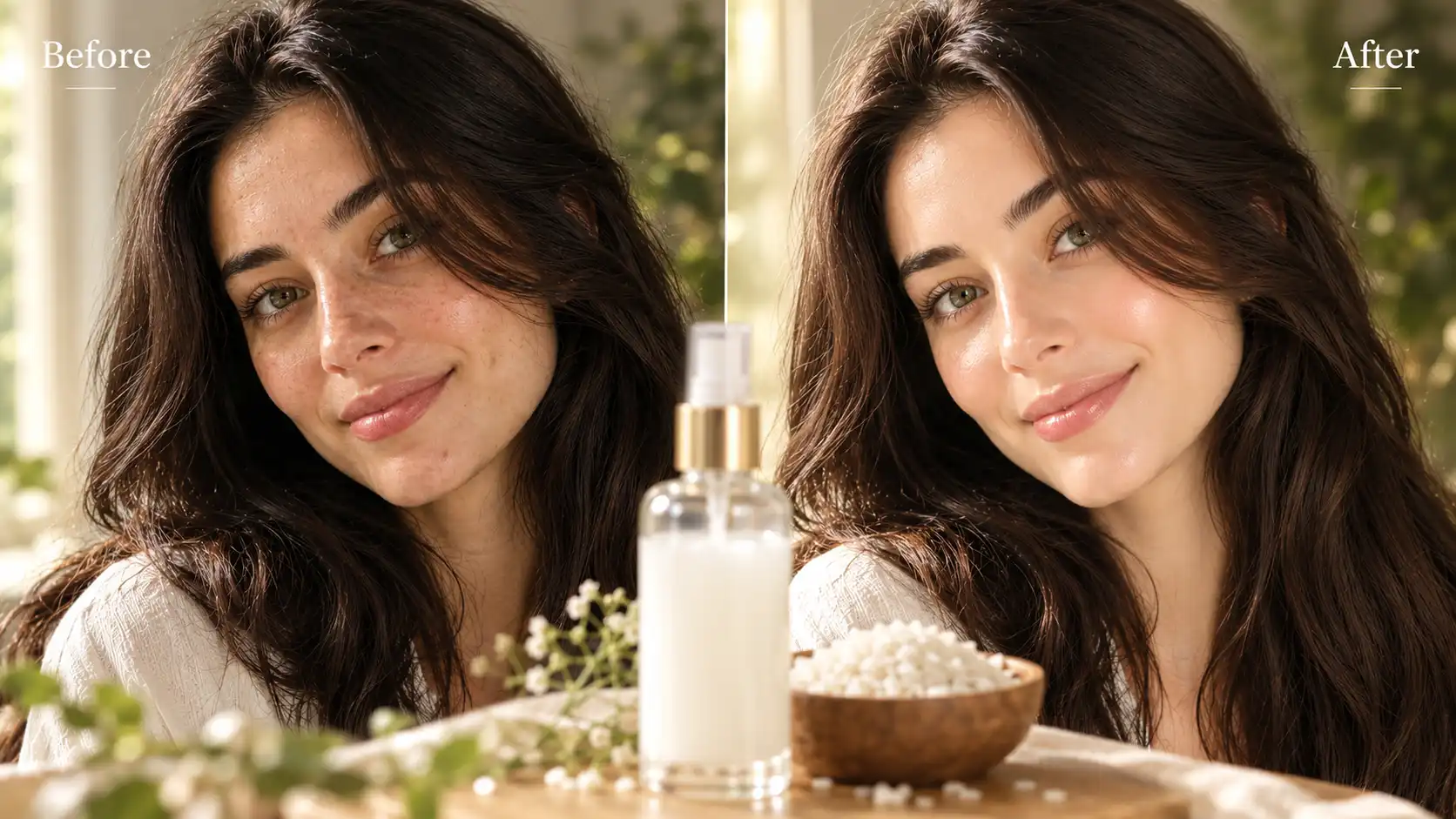 A before and after facial skin transformation showing the brightening and pore-clearing results of a homemade DIY rice water toner next to a spray bottle.