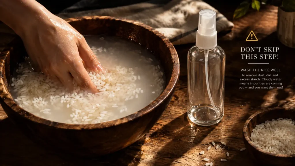 Washing raw rice in a bowl to remove dirt and prevent skin breakouts before making a homemade DIY rice water toner.