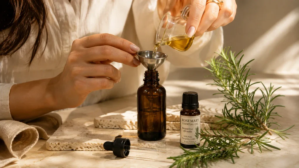 Female hands preparing DIY rosemary hair oil by pouring carrier oil into an amber glass bottle with a mini funnel