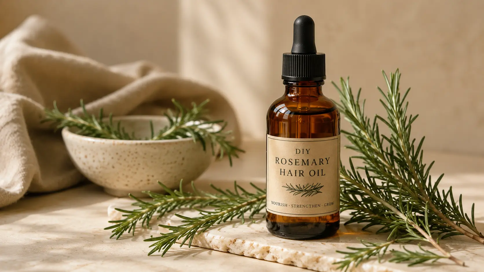 DIY rosemary hair oil in amber dropper bottle with fresh rosemary sprigs