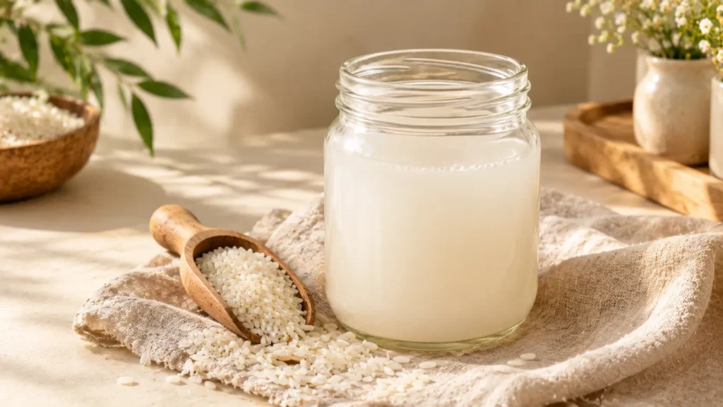 A glass jar of milky fermented rice water with raw rice grains, used as a natural deep conditioning treatment for hair growth and length retention.