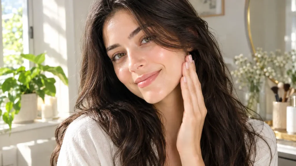 A beautiful young woman smiling and touching her cheek, showing off the incredibly smooth and glowing glass skin results after using a hydrating DIY flaxseed face mask.