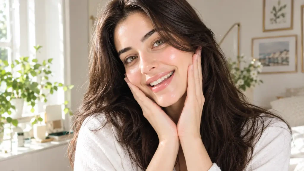 A beautiful young woman smiling and touching her flawlessly clear and glowing glass skin, showing the amazing brightening results of using natural DIY turmeric cleansing pads to fade dark spots.