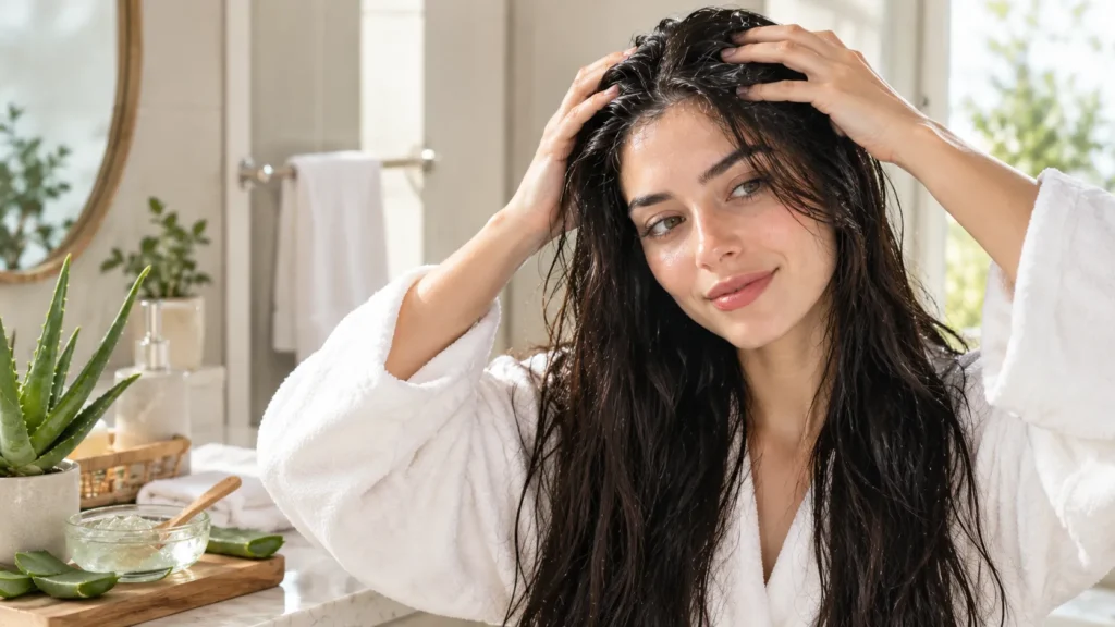 A woman in a white bathrobe gently massaging fresh aloe vera gel into her hair roots in a bright modern bathroom, demonstrating a DIY hair growth routine.