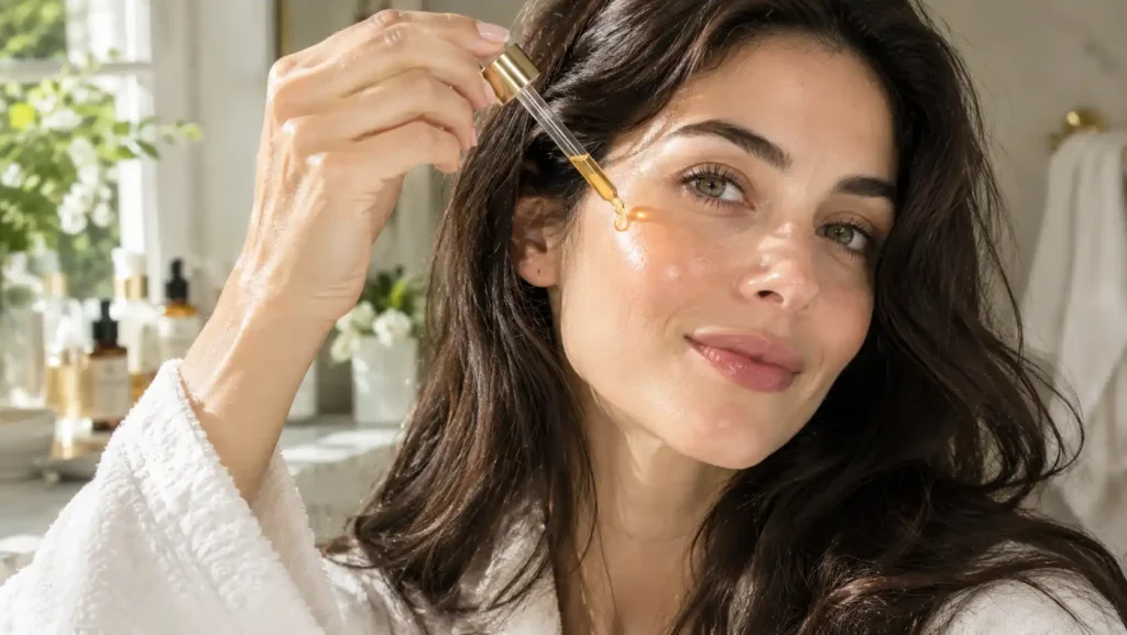 A woman demonstrating how to gently apply the castor oil and frankincense for face serum to her orbital bone to erase under-eye bags safely.