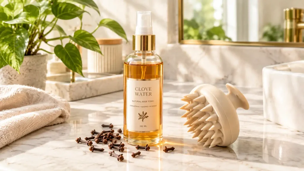 A premium clear spray bottle filled with DIY clove water for hair growth, placed next to a scalp massager on a bright marble vanity.