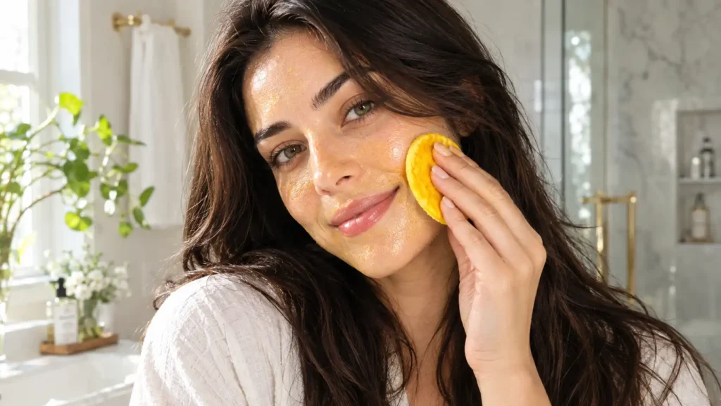 A beautiful young woman demonstrating how to gently swipe DIY turmeric cleansing pads across her cheeks to fade dark spots and leave a hydrating mini-mask for a radiant glow.
