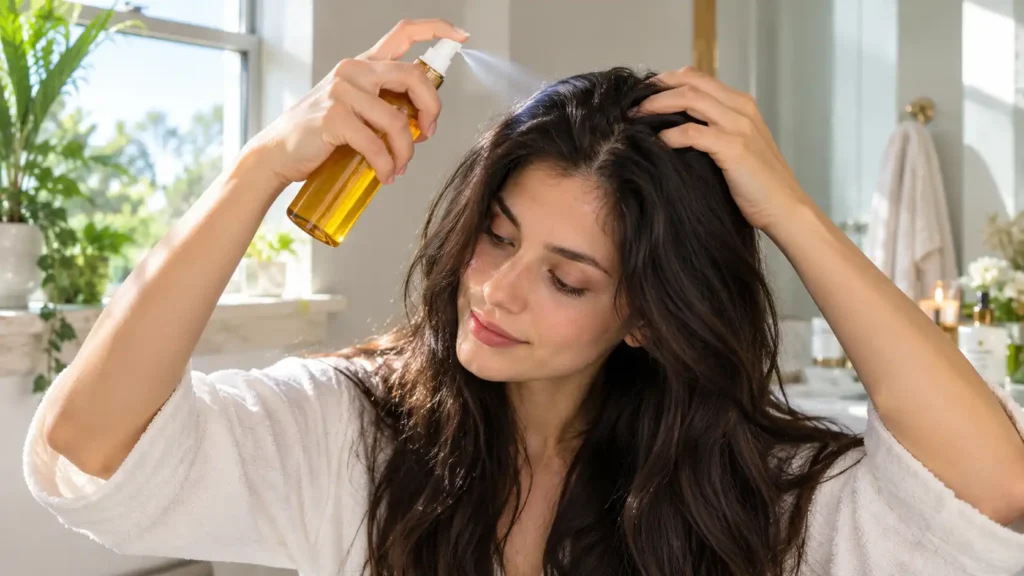 A young woman demonstrating how to spray and massage DIY fenugreek water for hair growth directly onto her scalp to stop shedding and boost volume.