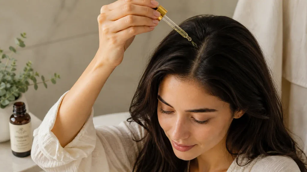 Applying rosemary hair oil drops directly to parted scalp using an amber glass dropper