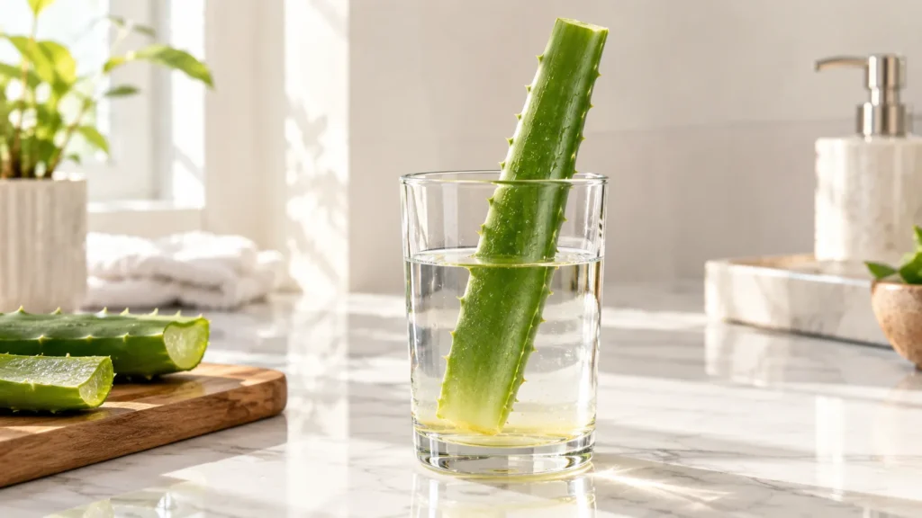 A fresh aloe vera leaf placed upright in a clear glass of water to safely drain the yellow latex before making a DIY hair mask.