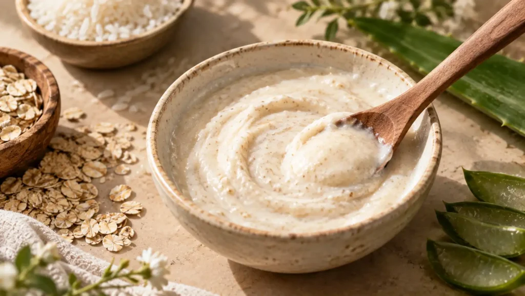 A close-up of a perfectly blended, creamy DIY rice and oat face mask in a ceramic bowl, ready to be gently applied for brightening dark spots.