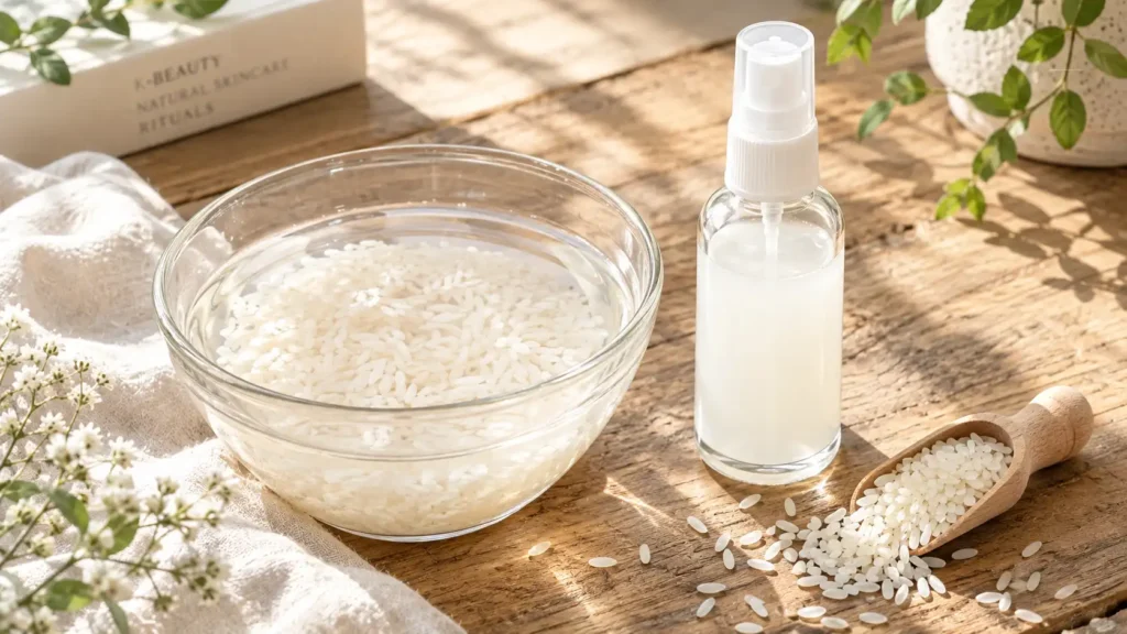 A glass bowl of white rice soaking in water and a spray bottle, showing the ingredients to make a homemade DIY rice water toner.