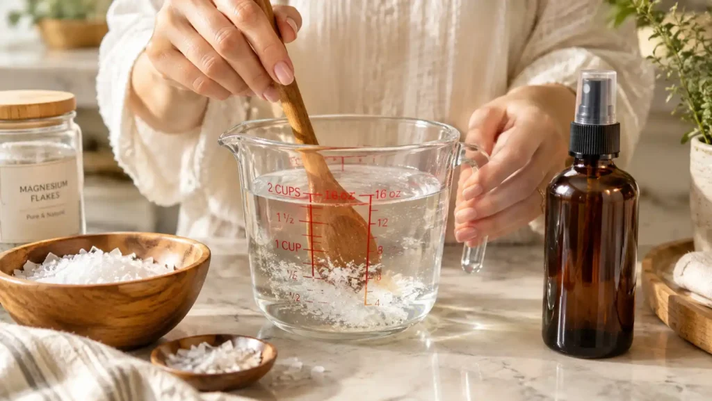 A person gently stirring and dissolving magnesium flakes in warm water to create a homemade DIY magnesium oil spray for sleep.