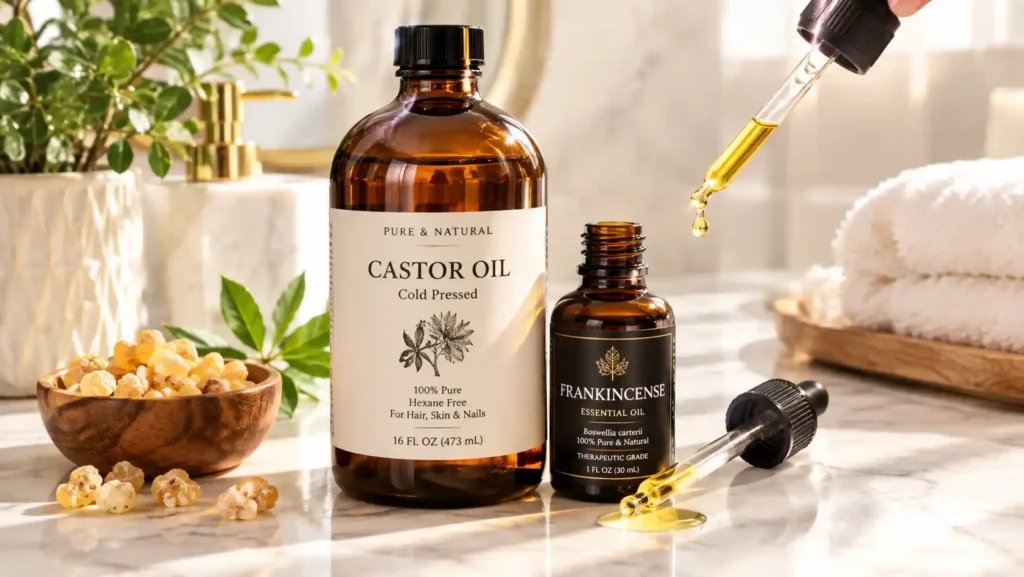 A beautiful display of an amber glass dropper bottle and essential oils to make the DIY castor oil and frankincense for face serum for anti-aging.