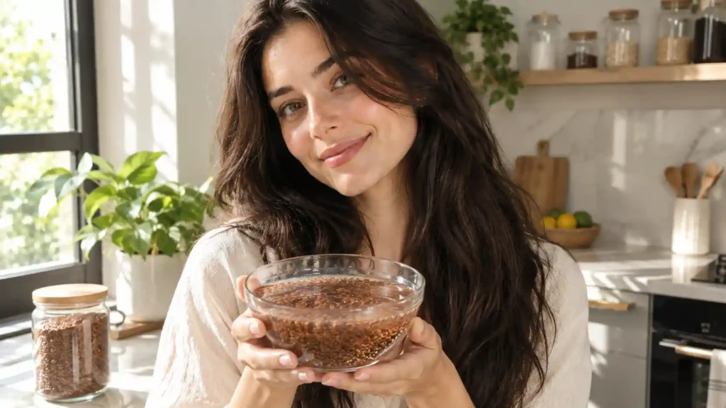 A beautiful young woman in a bright kitchen holding a glass bowl of whole flaxseeds and water, showing the exact ingredients needed to make a natural DIY flaxseed face mask at home.