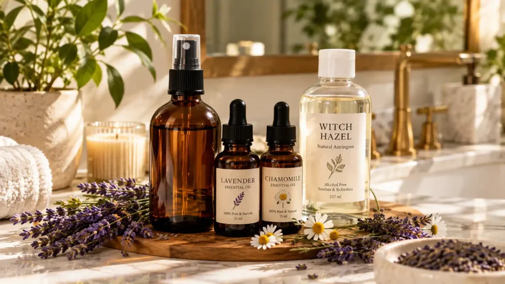 The essential oils, witch hazel, and a dark glass bottle needed to make a DIY lavender and chamomile pillow mist for deep sleep.