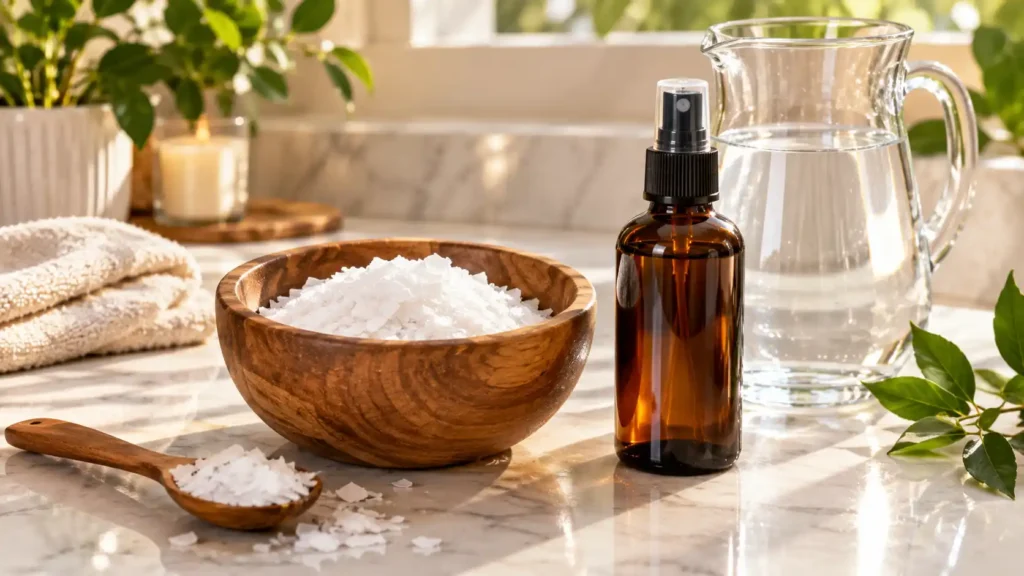 A beautiful wooden bowl filled with pure magnesium chloride flakes and distilled water used to make a DIY magnesium oil spray for sleep.