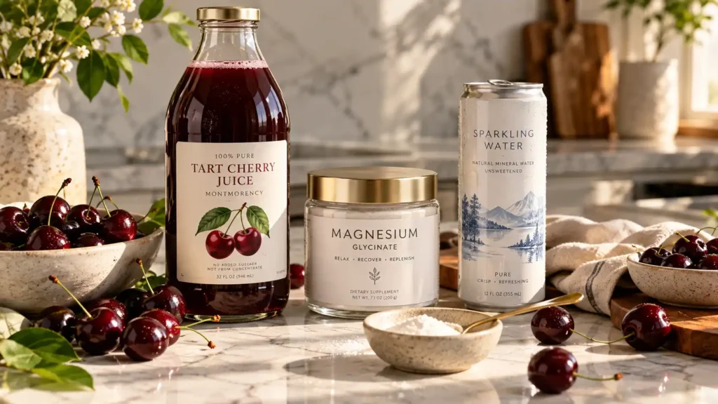 The essential ingredients including tart cherry juice and magnesium needed to make the viral sleepy girl mocktail recipe.