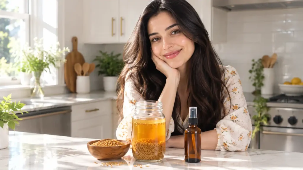 A beautiful woman in a bright aesthetic kitchen preparing natural fenugreek water for hair growth using raw methi seeds and a glass mason jar.