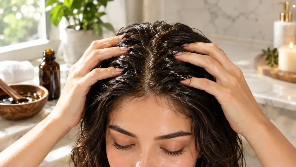 A woman demonstrating exactly how to use batana oil for hair growth by massaging the melted paste directly into her roots.