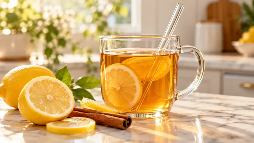Preparing the perfect 3-ingredient morning glow ACV detox drink served safely with a reusable glass straw to protect teeth.