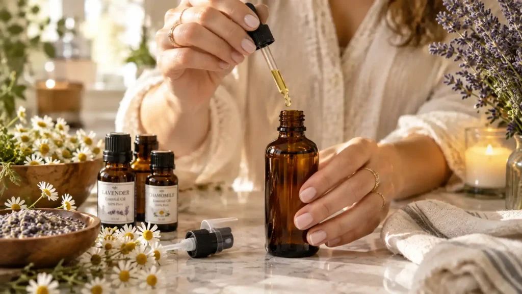 A person dropping pure essential oils into an amber bottle to brew a homemade DIY lavender and chamomile pillow mist.