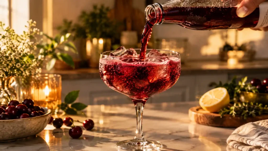 Pouring dark red tart cherry juice over ice while preparing a relaxing sleepy girl mocktail recipe for bed.