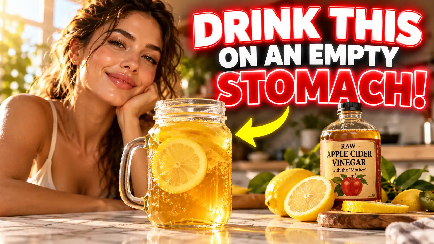 A glowing glass of the morning glow ACV detox drink with fresh lemons on a kitchen counter, representing the ultimate secret to gut health and clear skin.