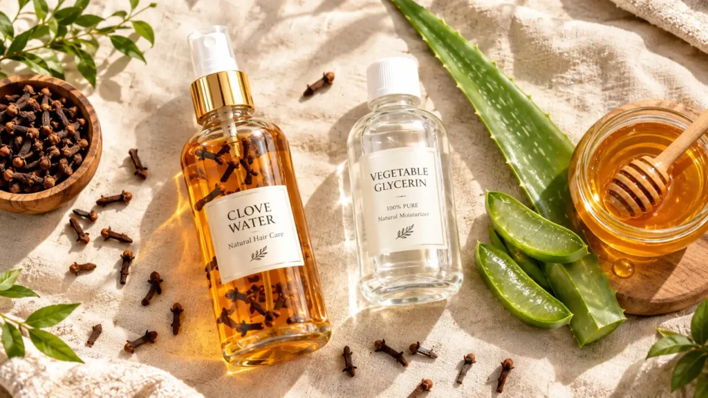 Hydrating ingredients like vegetable glycerin and aloe vera used alongside clove water for hair growth to prevent dryness and breakage.